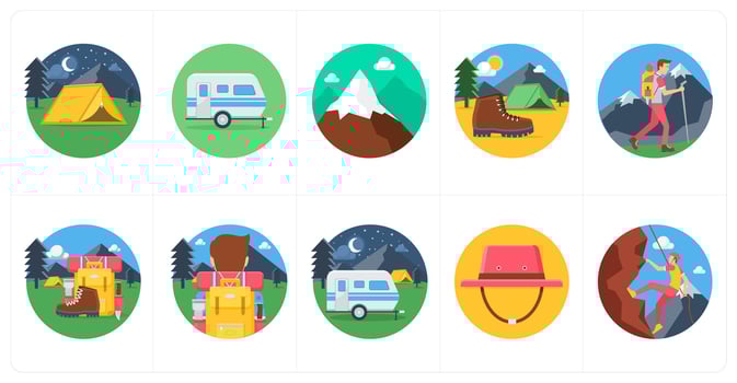 A set of 10 camping icons as camping, camping bus, hills vector