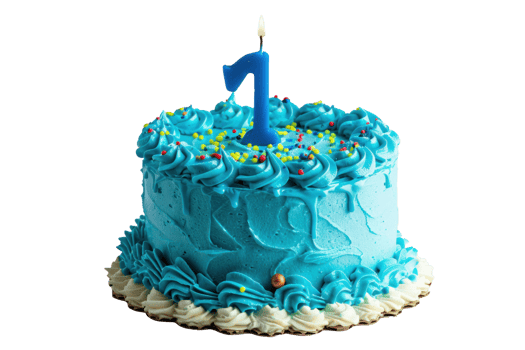 small blue cake one year birthday on transparent background png