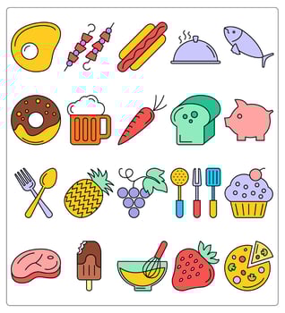 A set of 20 food icons as fried egg, barbecue, hot dog vector