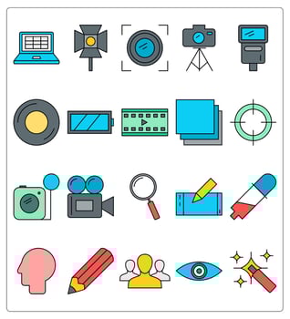 A set of 20 photography icons as laptop, camera flash, camera lens vector