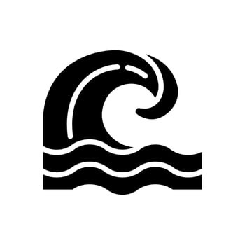 Wave black glyph icon. Symbolizing ocean tides, currents. Coastal and marine environments. Tsunami. Natural disaster. Silhouette symbol on white space. Solid pictogram. Isolatedillustration vector