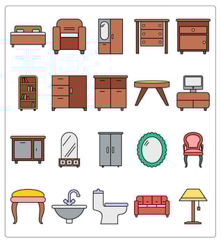 A set of 20 furniture icons as bed, sofa, almirah vector