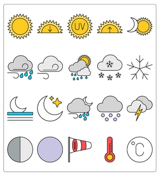 A set of 20 weather icons as sun, sunset, uv vector