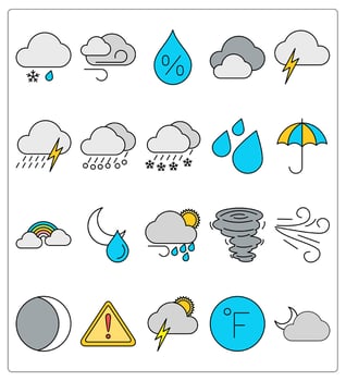 A set of 20 weather icons as snowfall, wind, humidity percentage vector