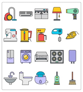 A set of 20 kitchen and home appliances icons as vacuum cleaner, air conditioner, dishwasher vector