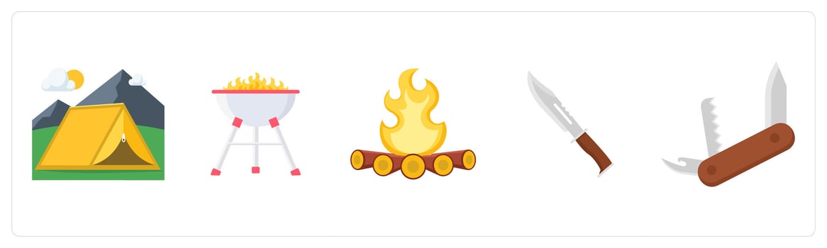 A set of 5 camping icons as camp, barbecue, bonfire vector