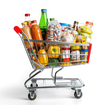supermarket shopping cart full of groceries on transparent background png