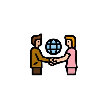 Two people shaking hands with a globe in the middle vector