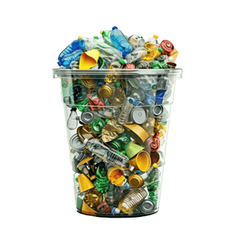 garbage bin made from all sorts of plastic waste, photorealistic, recycle icon, collage style transparent background png