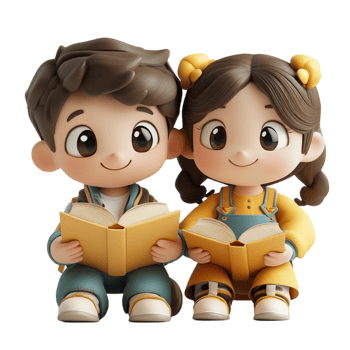 Animated Boy and Girl Sitting and Reading Books with Transparent Background png