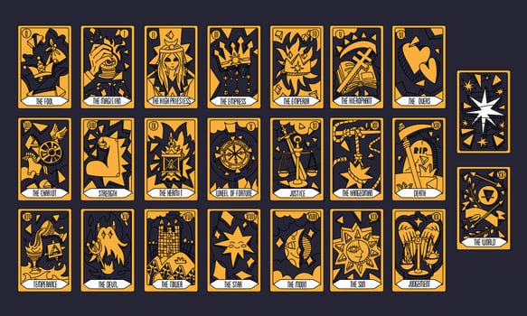 deck of Tarot cards, three colors and gold. Part of the set of senior arcana. Handmade style with engraving. Occult and alchemical symbolism. Fool, magician, high priestess, Empress, Emperor vector