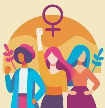 bright flat design of strong women, women's day, feminism. Women standing together as a sign of strength and unity. Gender equality and women empowerment. For social media, posters, advertising vector