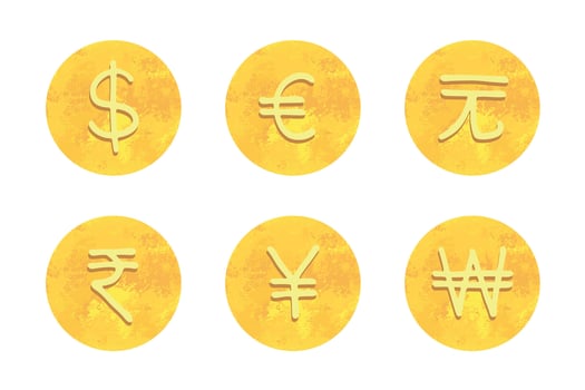 Hand drawn multiple gold currencies symbol set Dollar euro yuan yen won rupee vector