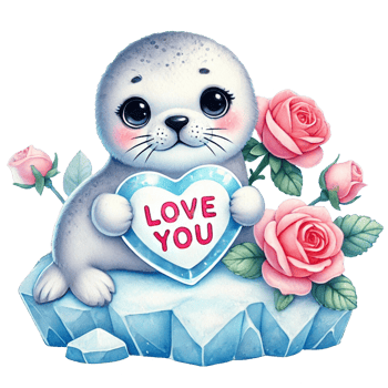 Cute seal holding a heart on ice with roses, symbolizing love. Valentine cartoon character. png