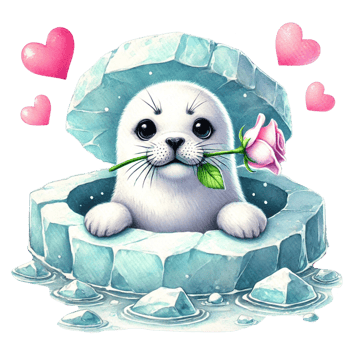 Cute seal holding a rose in an icy setting with hearts. Valentine cartoon character. png