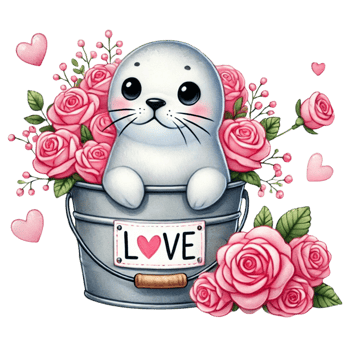 Cute seal surrounded by pink roses in a love-themed bucket. Valentine cartoon character. png