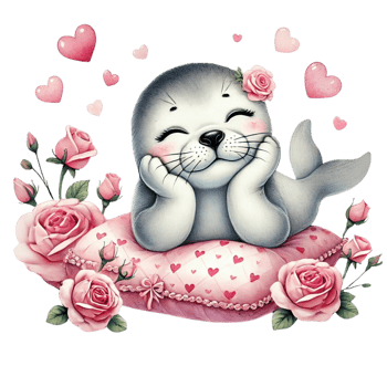 Cute seal surrounded by roses and hearts, conveying joy and love. Valentine cartoon character. png