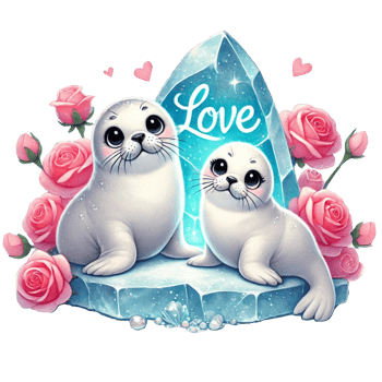 Cute seals surrounded by roses and a love crystal symbol. Valentine cartoon character. png