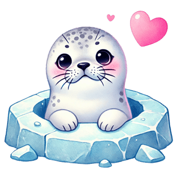 Cute cartoon seal peeking out of an icy hole with a heart above. Valentine cartoon character. png