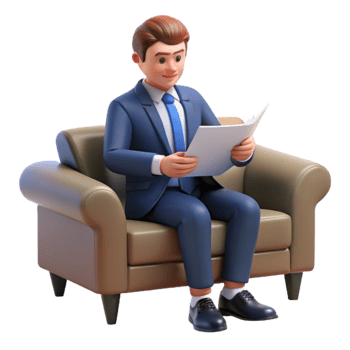 Man in suit sitting on couch reading paper png