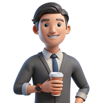 A cartoon man in a suit holding a coffee cup png