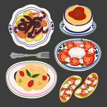 Traditional Italian cuisine. Cute retro stickers of traditional products and dishes, bolognese pasta, caprese, seafood risotto vector