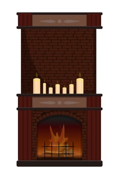 Fireplace icon. Vintage brown red brick fireplace. There is a fire burning in the fireplace and candles burning on the fireplace. Interior design vector