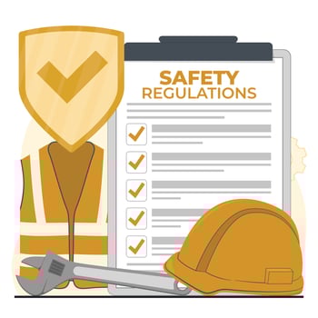 Safety regulation document and safety helmet. illustration in flat style. vector