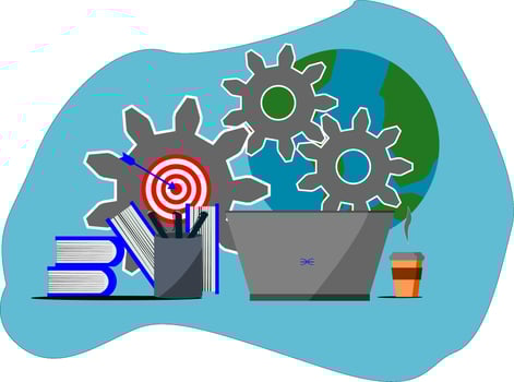 A laptop with gears and a target on it vector