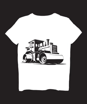a white t - shirt with a black and white drawing of a bulldozer vector
