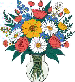 Colorful flower bouquet with vibrant blooms in clear vase vector