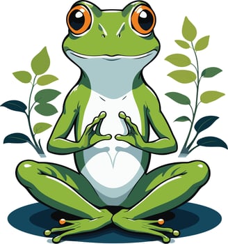 Frog sits peacefully in a meditative pose among green plants vector