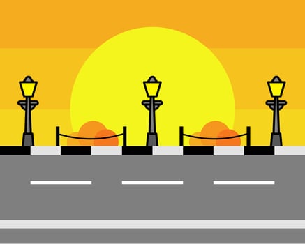 Illustration of vibrant sunset backdrop with yellow hues, featuring street lamps and a road, creating a warm evening vibe vector