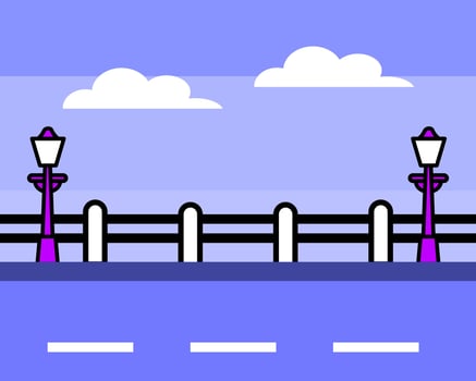 Illustration of vibrant digital landscape with purple street lamps, fluffy clouds, and a blue background, creating a cheerful atmosphere vector