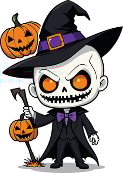 Skeleton character in witch costume holding pumpkins for Halloween vector