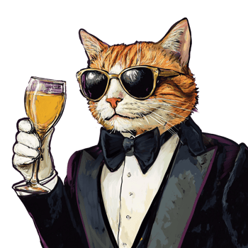 Sophisticated cat with glasses and a glass of wine png
