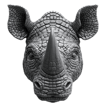 Hyperrealistic 3D Rhinoceros Head with Granular Textures in Grayscale png