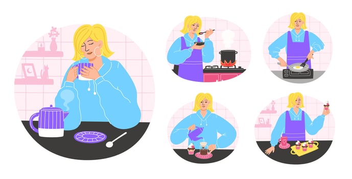 Woman Enjoying Home Cooking and Relaxing at Kitchen vector