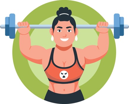 A flat illustration of a strong woman doing exercise with dumbbells vector