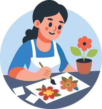 A flat illustration of a woman painting flowers on paper vector
