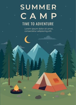 Summer camping night graphic poster. Flyer for camping, travel, trip, hiking, nature, journey, picnic concept. Illustration for poster, banner, flyer, cover, special offer, advertising. vector