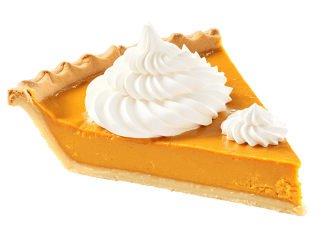 Pumpkin pie, smooth orange custard in flaky crust, dollop of whipped cream, slice lifted out, vibrant fall colors, transparent png