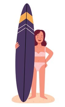 A girl in a swimsuit holds a surfboard. Illustration in a naive style.Happy young woman in bikini, carrying surfboard, walking on beach on summer holiday. vector