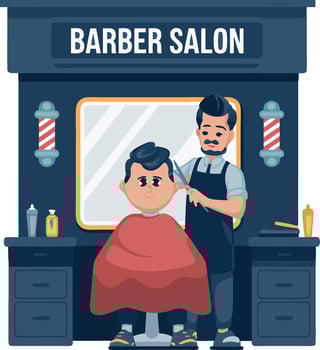 Barber Giving Haircut in Salon with Mirror and Tools Illustration vector