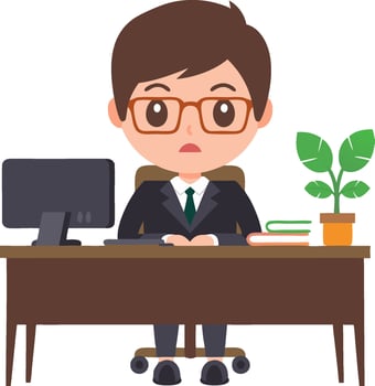 Businessman Cartoon Character at Office Desk with Computer and Plant Illustration vector