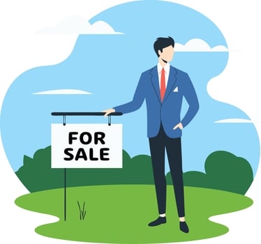 Businessman with For Sale Sign in Green Field Representing Real Estate Opportunities vector