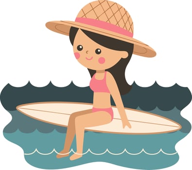 Cartoon Girl on Surfboard Enjoying Ocean Waves in Summer Beach Adventure vector