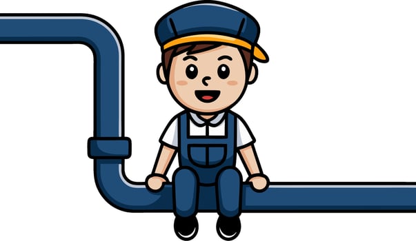 Cartoon Plumber Sitting on Pipe Cute Illustration for Construction Themes vector