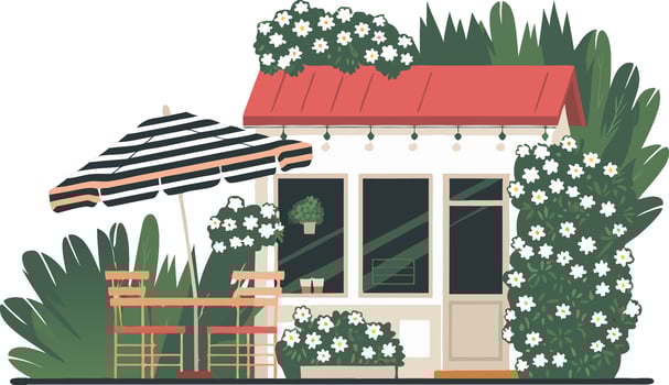 Charming Outdoor Cafe with Cozy Seating and Floral Decor vector