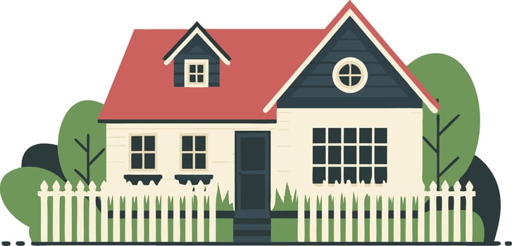 Charming Suburban House Illustration with Red Roof and White Fence vector